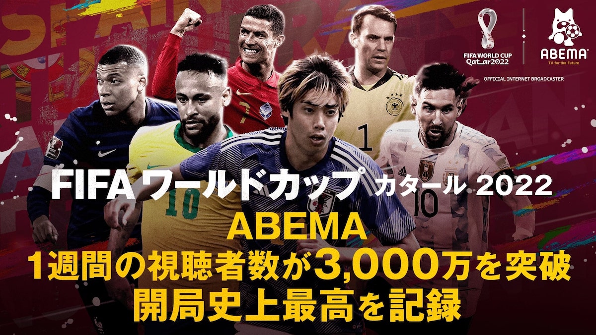 FIFA ワールドカップ カタール 2022」、「ABEMA」の1週間視聴者数が